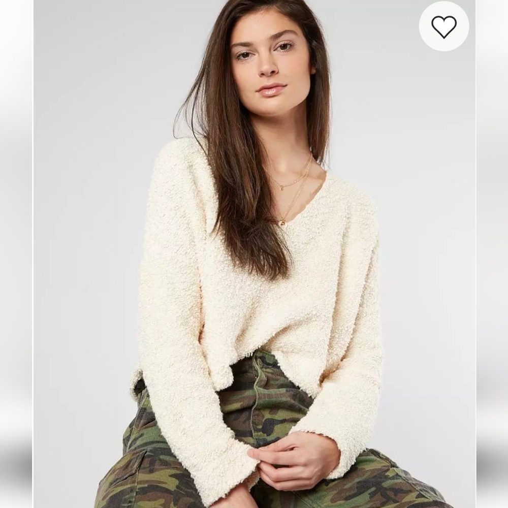 Free People Cream Popcorn Cropped V-neck Women's Sweater Size Large